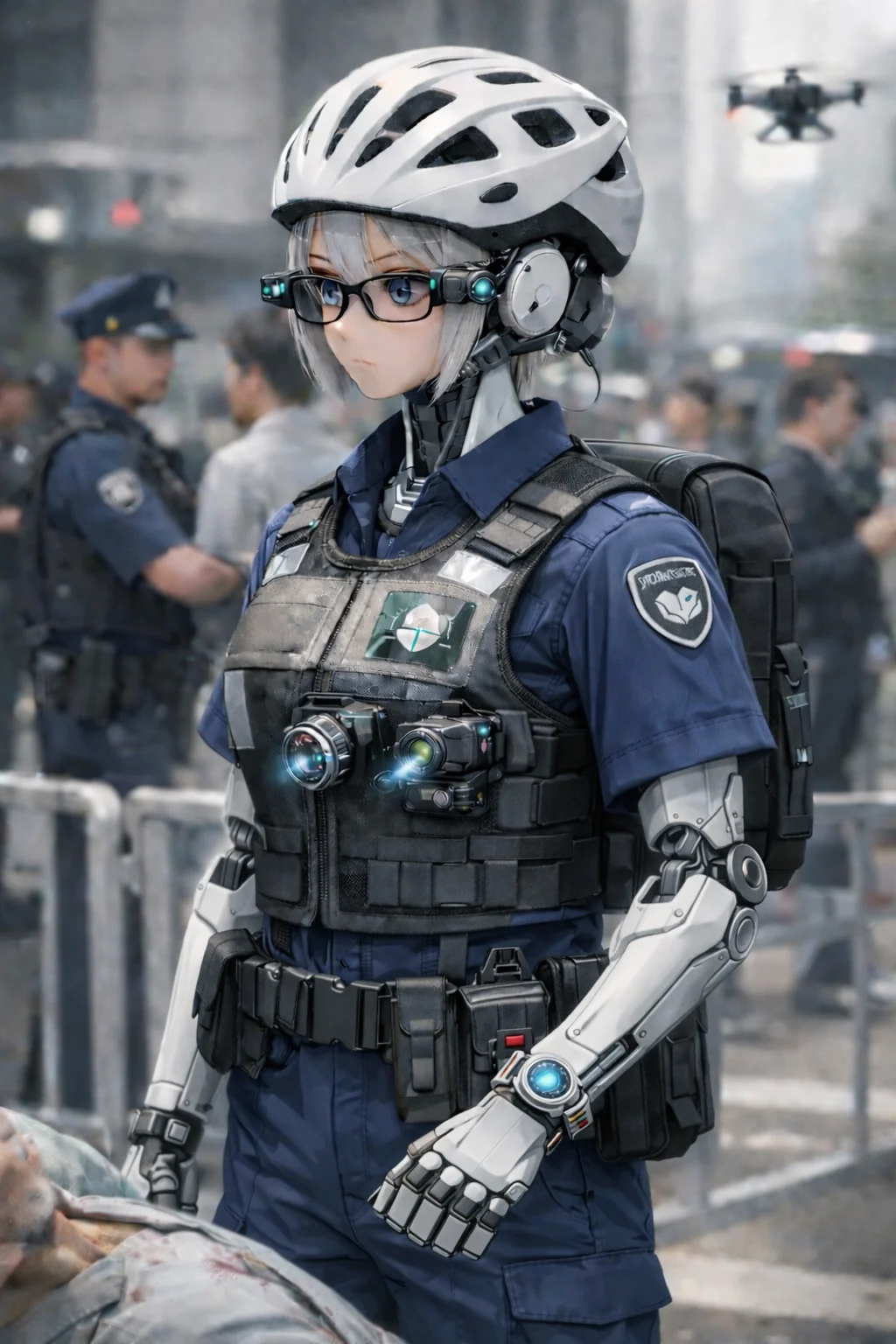 ​Daily life with advanced androids: Security and medical roles. (AI Generated) picture 2 of 4