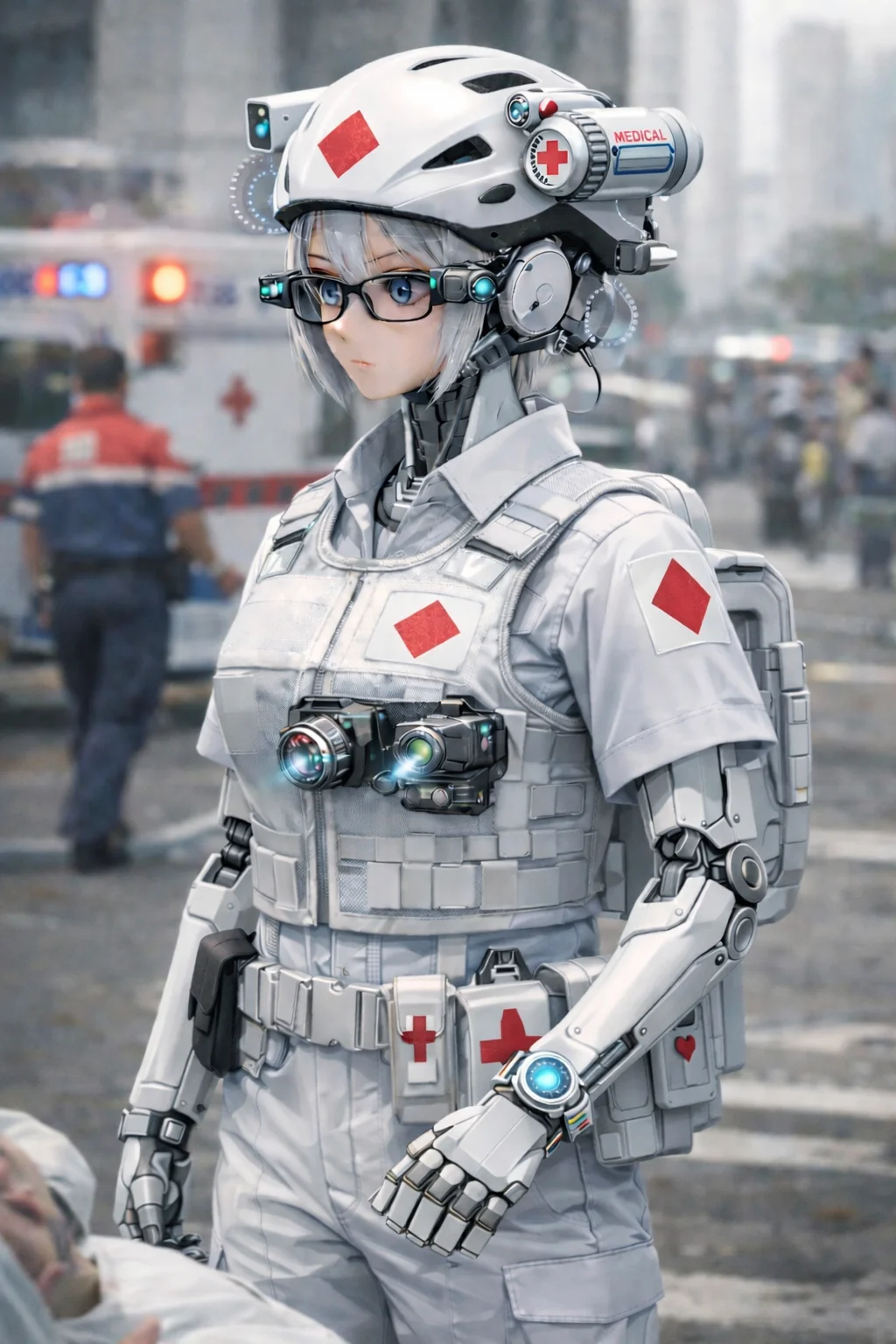 ​Daily life with advanced androids: Security and medical roles. (AI Generated) picture 4 of 4