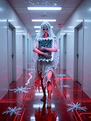 Frosted circuits hum as blood drips down'