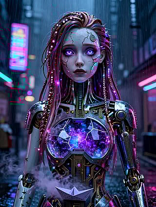 Red‑haired machine, neon rain, city eyes'
