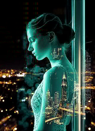 The image feels both futuristic and emotionally timeless, blending the organic with the artificial, the personal with the urban.'