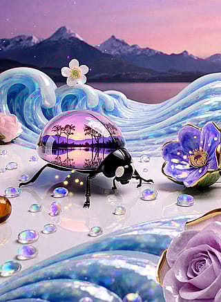 This image doesn’t just depict a ladybug — it asks you to step inside its shell and wander through a twilight forest where trees bloom with starlight and lakes mirror the heavens. It’s a celebration of imagination, craftsmanship, and the quiet magic found in the smallest corners of our world.'