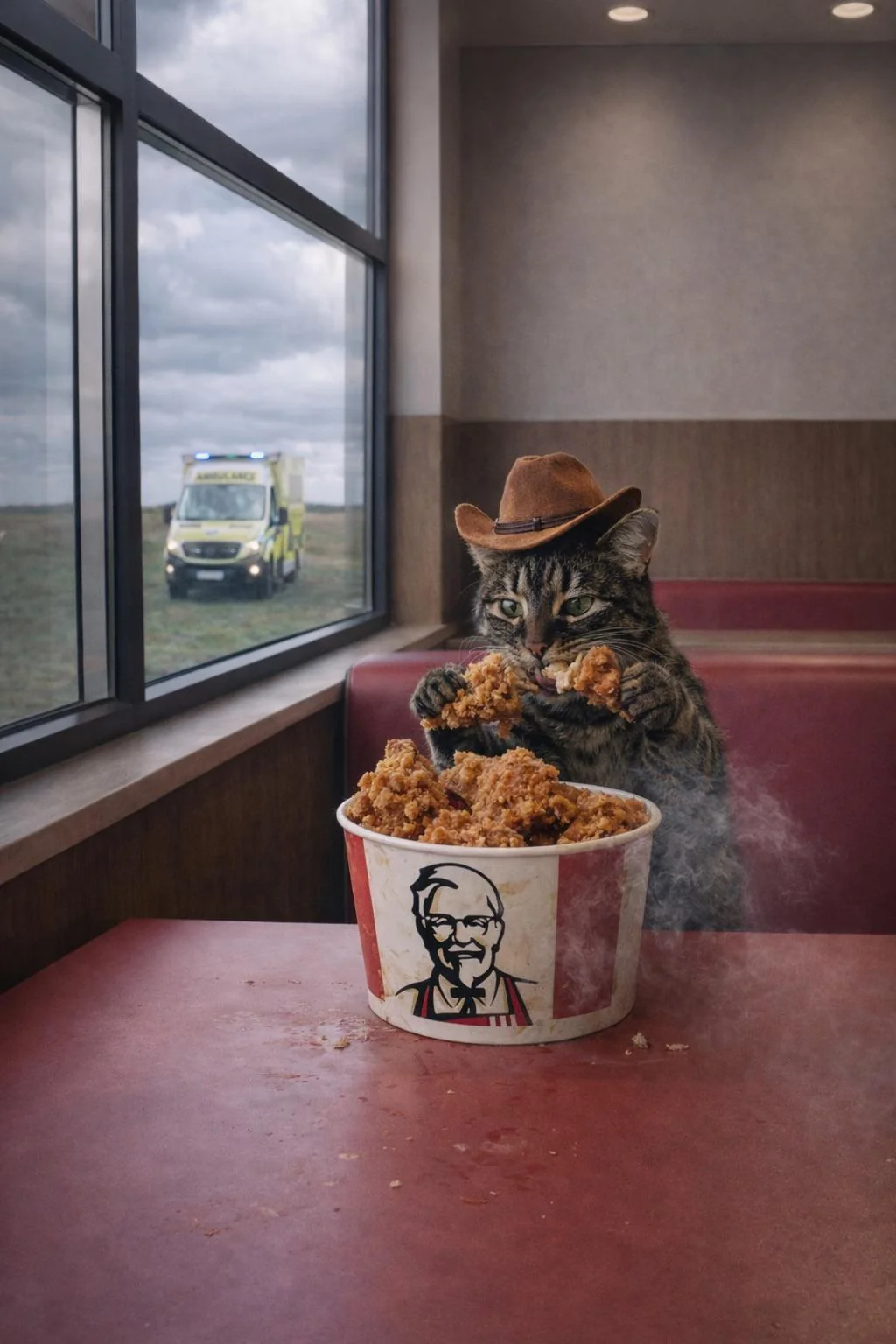 Okay so AI won me over… so much better than a puppy being saved that turned out to be a wolf. Just my cat eating KFC . Enjoy picture 1 of 1