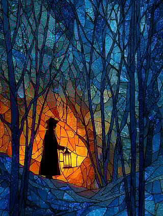 A warm flame in a frozen world (stained glass style)'