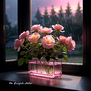 Rain whispers 🌹 ✨ 💧 Cute pink glowing roses on the windowsill'