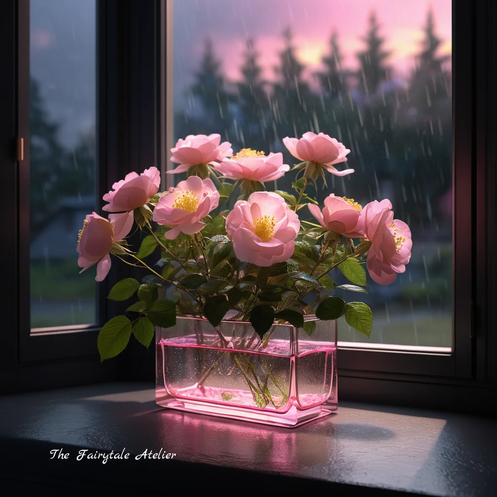 Rain whispers 🌹 ✨ 💧 Cute pink glowing roses on the windowsill picture 1 of 1