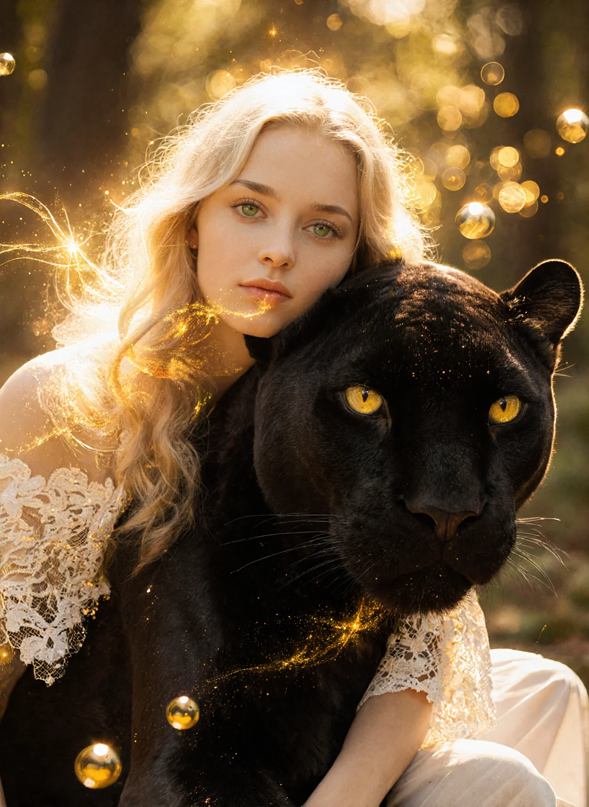 Beautiful and mystical digital artwork that blends fantasy, nature, and ethereal magic. The image portrays an intimate, powerful moment between a young woman and a majestic black panther, bathed in golden, glowing light. picture 1 of 1