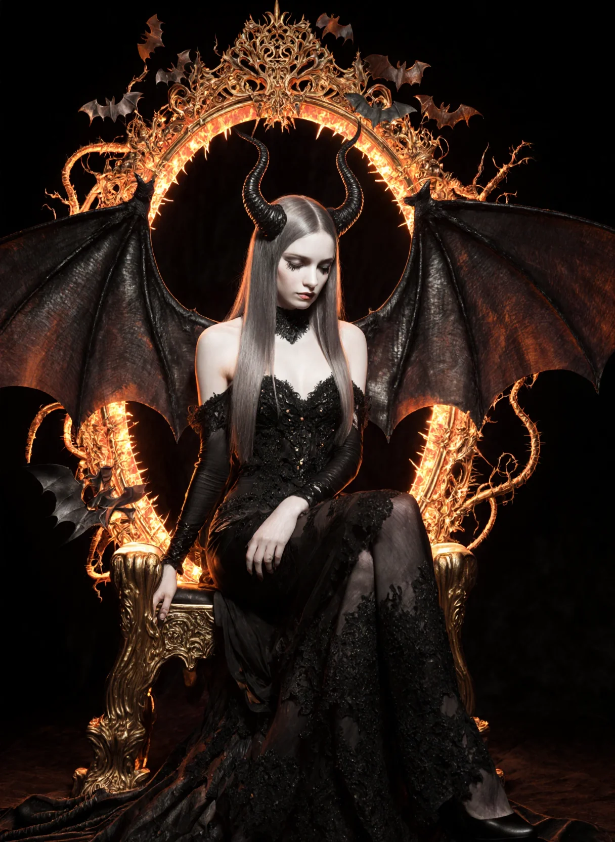 “A whisper of midnight, draped in ash and gold — she does not rule the darkness… she is its poetry.” picture 1 of 1