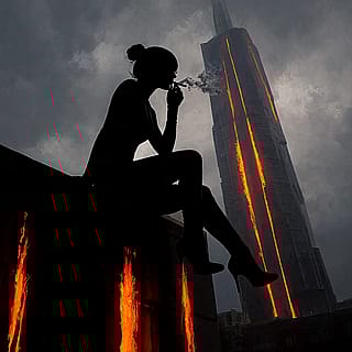 This is a stylized, atmospheric digital painting with a strong cyberpunk or noir aesthetic.'