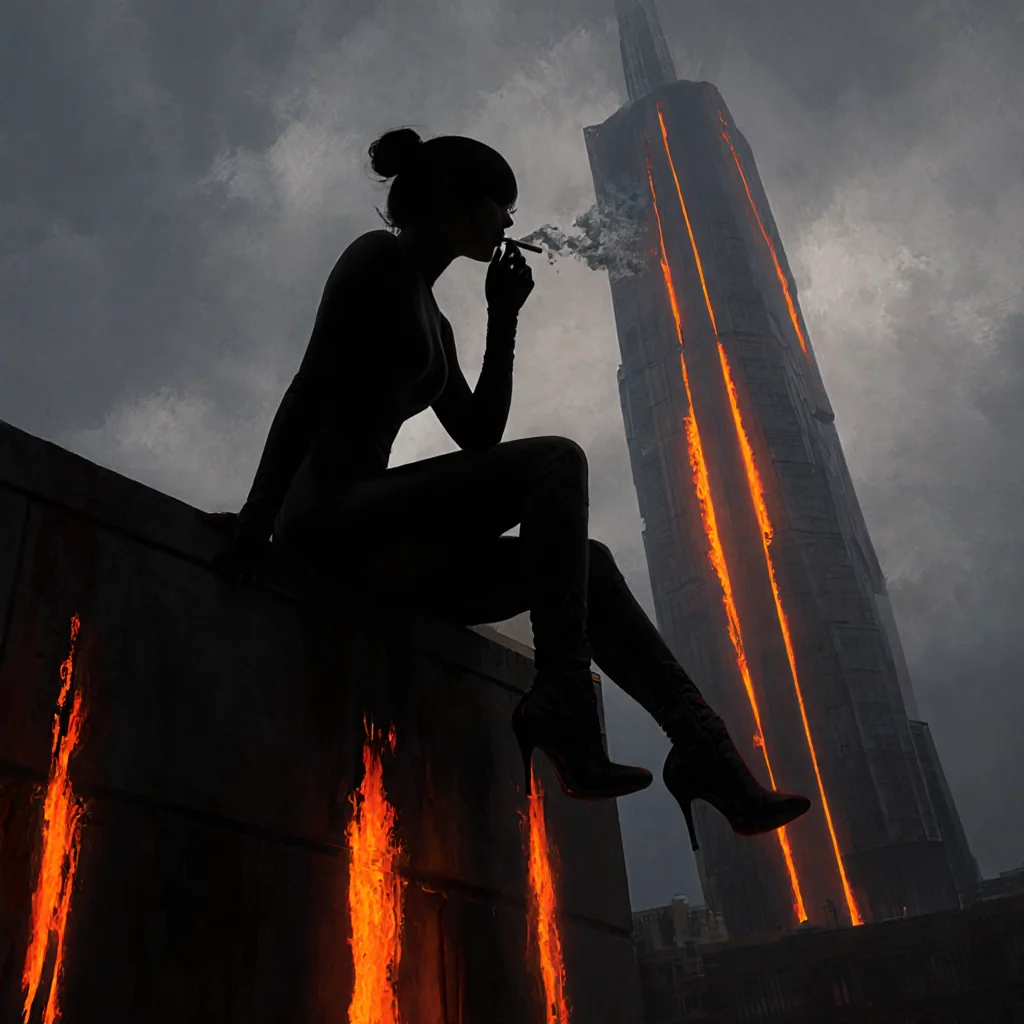 This is a stylized, atmospheric digital painting with a strong cyberpunk or noir aesthetic. picture 1 of 1