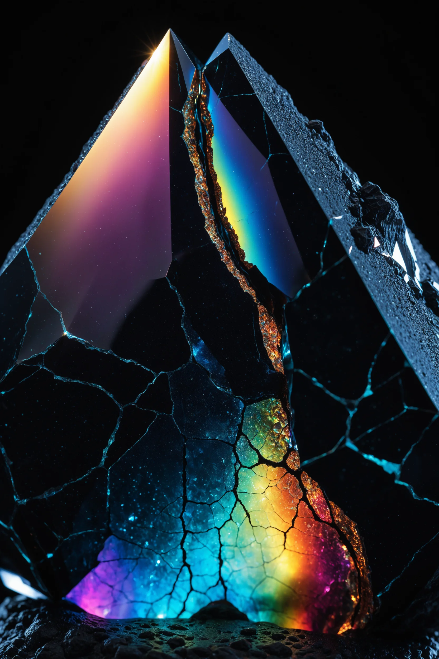 Material Study: Prismatic core leaking from cracked obsidian. [Prompt Included] picture 1 of 1