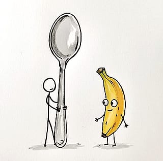 Legally-distinct stick figure man with large spoon and banana person'