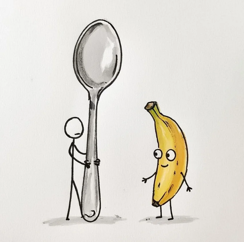Legally-distinct stick figure man with large spoon and banana person picture 1 of 1
