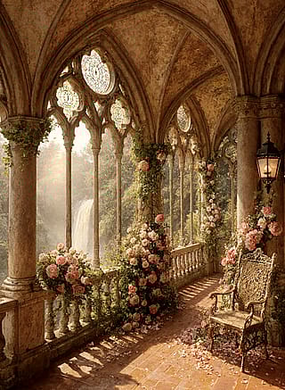 The image blends romantic realism with fantasy aesthetics. Brushwork is smooth yet detailed, textures rich and layered — from the velvety petals to the weathered stone. It evokes artists like Thomas Kinkade (for warmth and light) or the dreamscapes of Studio Ghibli or Disney’s Beauty and the Beast.'