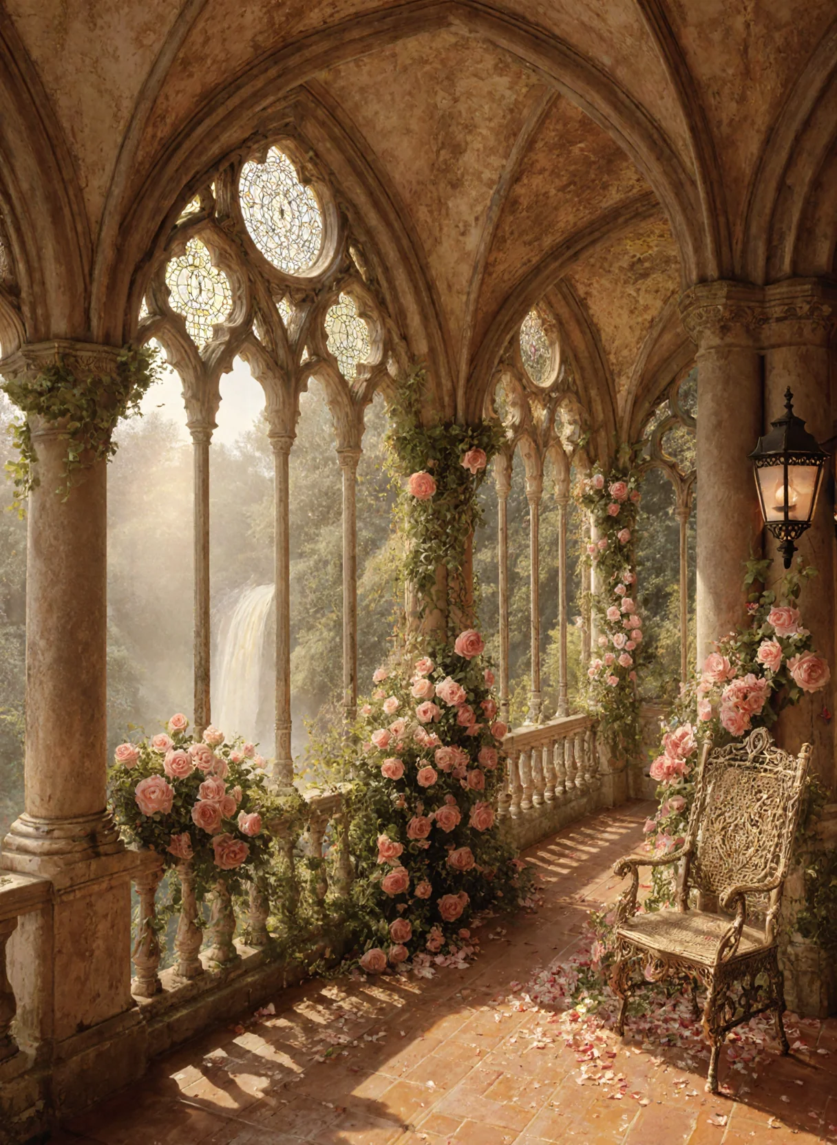 The image blends romantic realism with fantasy aesthetics. Brushwork is smooth yet detailed, textures rich and layered — from the velvety petals to the weathered stone. It evokes artists like Thomas Kinkade (for warmth and light) or the dreamscapes of Studio Ghibli or Disney’s Beauty and the Beast. picture 1 of 1