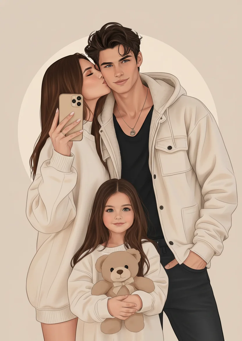 Turned a real family photo into a soft Valentine-style illustration 🤍 picture 1 of 2