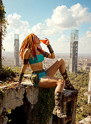 “In the ruins of tomorrow, she finds peace today — one sip at a time.” 🍹🌿'