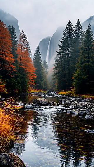 a sense of peaceful solitude, natural beauty, and the quiet majesty of autumn in a mountain woodland.'