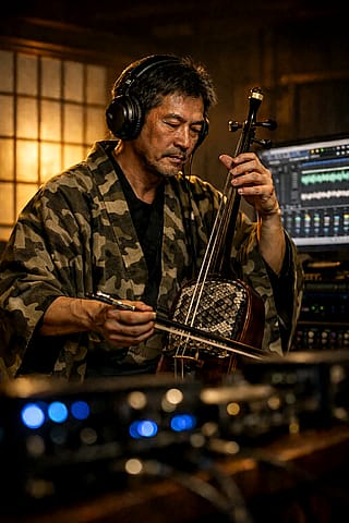 Neo-Japanesque musician recording traditional kokyu in a modern studio (AI-generated)'