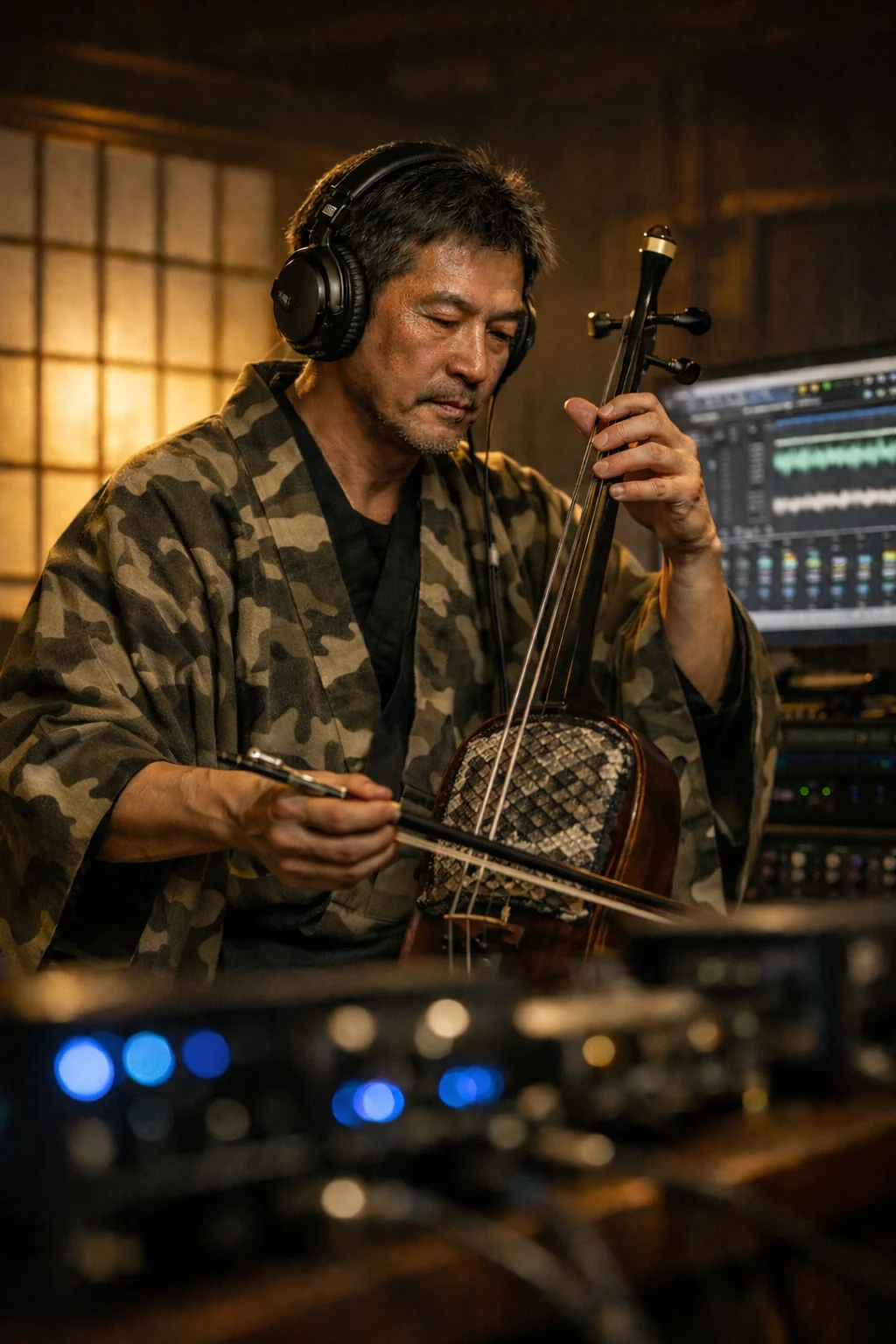Neo-Japanesque musician recording traditional kokyu in a modern studio (AI-generated) picture 1 of 1