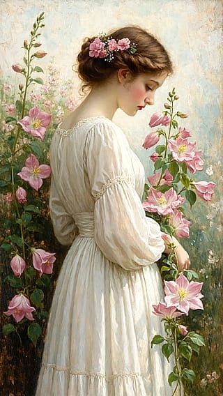 The image evokes tranquility, innocence, and poetic beauty. romantic era painting, John William Waterhouse aesthetic, pre-raphaelite style, lyrical beauty, classical composition'