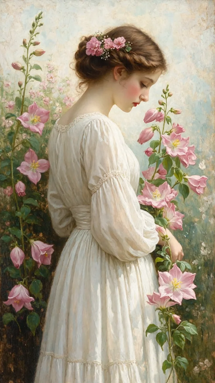 The image evokes tranquility, innocence, and poetic beauty. romantic era painting, John William Waterhouse aesthetic, pre-raphaelite style, lyrical beauty, classical composition picture 1 of 1