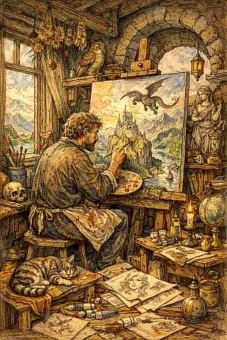 Artist drawing fantasy vision.'