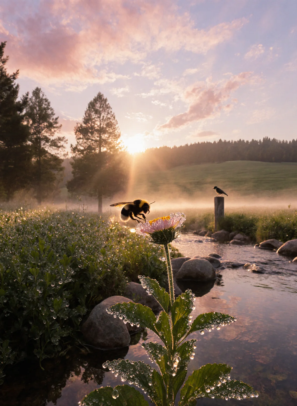 We are at the edge of a wild garden, transitioning into a misty, rolling meadow and distant pine-covered hills. The perspective is intimate, as if kneeling in the grass, yet expansive, taking in the birth of a new day. picture 1 of 1