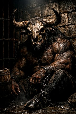 The Forgotten Minotaur — strength in chains, fury in silence.'