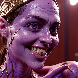 Luminous violet eyes, dancing grin'