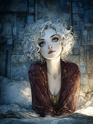 Beautiful White Hair woman Portrait Bedroom'