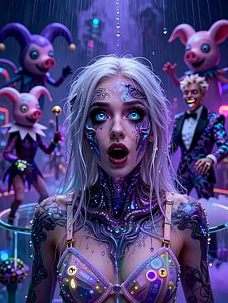 Pale eyes, neon pig chorus, electric surprise'