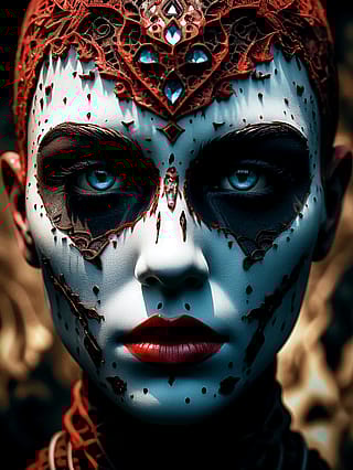 Red crown, blue stare, black silence'