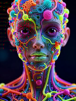 Neon mosaic on gray flesh'