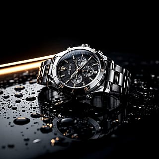 Dramatic product shot of luxury watch with water droplets and reflective surface. High-contrast lighting with deep blacks and metallic highlights. Billboard-ready composition with space for copy.'