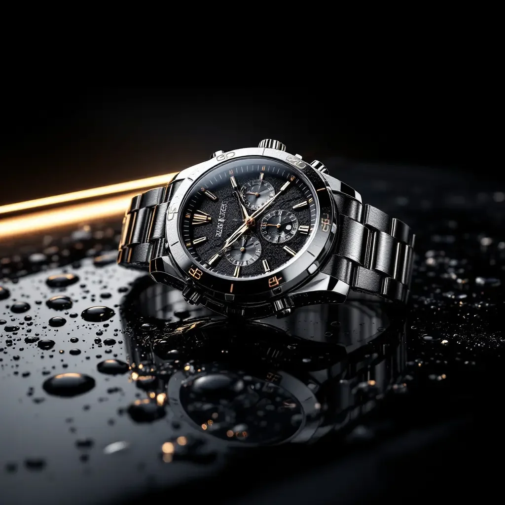 Dramatic product shot of luxury watch with water droplets and reflective surface. High-contrast lighting with deep blacks and metallic highlights. Billboard-ready composition with space for copy. picture 1 of 1