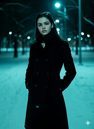 Noir Winter Nocturne: Cyan Gleam on Snow-Kissed Elegance'