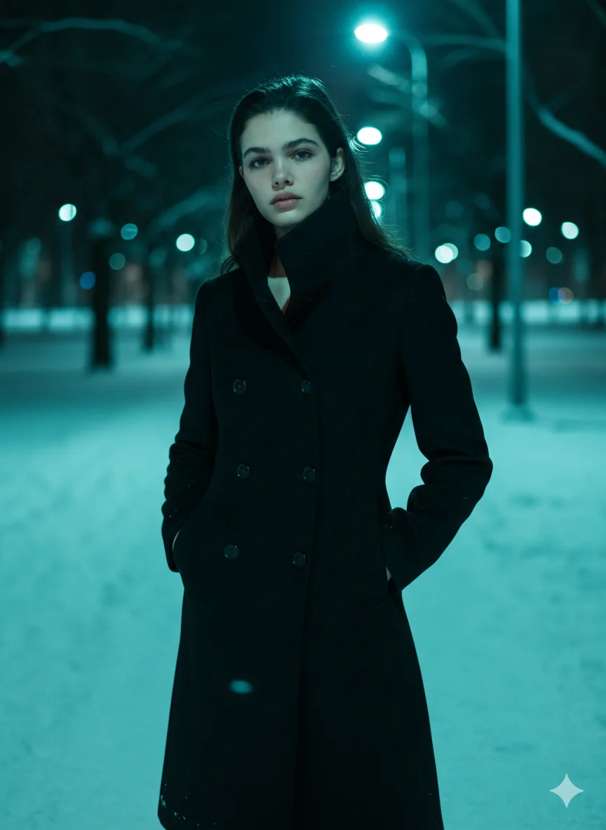 Noir Winter Nocturne: Cyan Gleam on Snow-Kissed Elegance picture 1 of 1