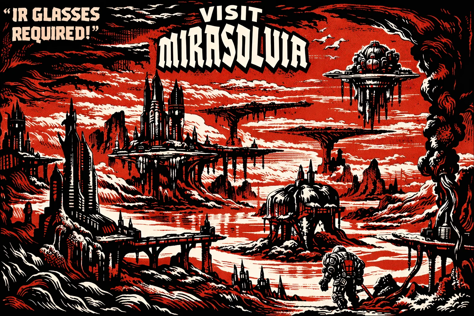 An image of Mirasol VI A (fictional planet), with a human walking along the surface. picture 1 of 1