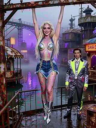 Neon siren on rusted ropes'