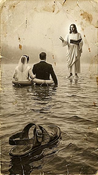 Old photo of a wedding in the water.'