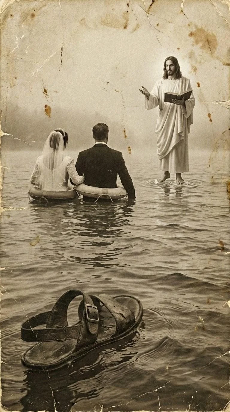 Old photo of a wedding in the water. picture 1 of 1
