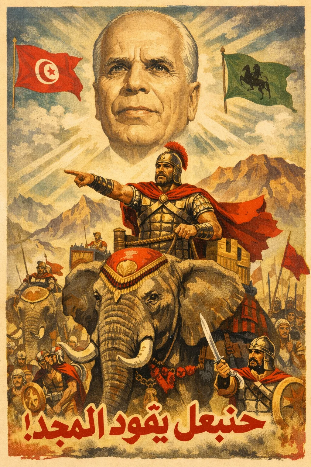 Fake 1960s propaganda poster: Hannibal and Bourghiba lead Tunisia to the glory picture 1 of 1