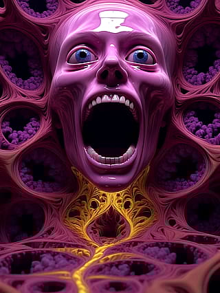 Pink skull, vein‑lit voice, purple dream'