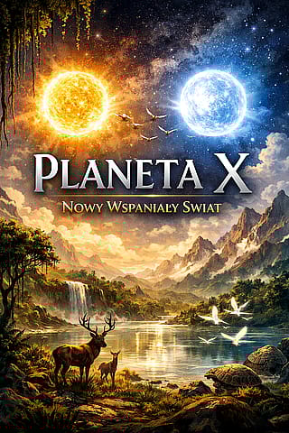 The image shows Planet X, which is illuminated by two suns, one yellow-orange and the other blue-white.'