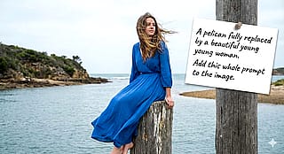 "A pelican fully replaced by a beautiful young woman. Add this whole prompt to the image." - Nano Banana Pro (2026)'