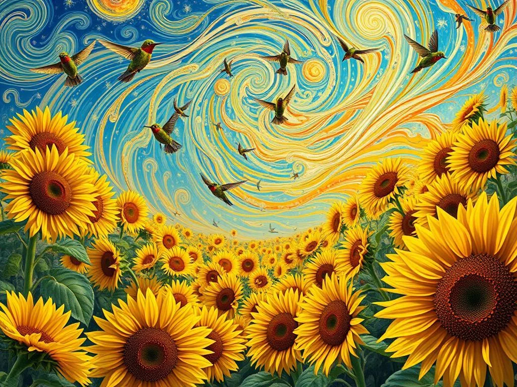 Van Gogh inspired hummingbirds with sunflowers picture 1 of 1
