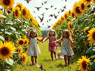 Girls playing with hummingbirds field of sunflowers'