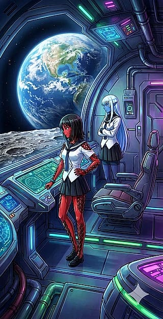 Alien moderator Kämpfer anime watching earth from their spaceship landed on the moon ( Moon Alpha base : Reference Great Garmillas Empire )'