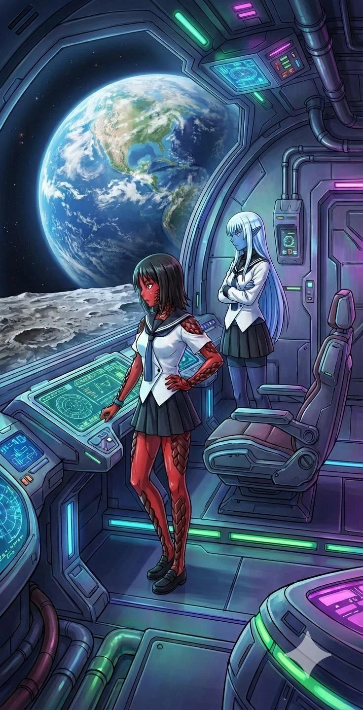 Alien moderator Kämpfer anime watching earth from their spaceship landed on the moon ( Moon Alpha base : Reference Great Garmillas Empire ) picture 1 of 1
